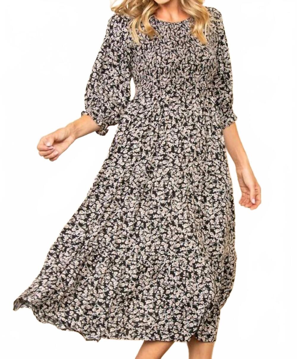 NEW ELLOH vintage floral smocked tiered midi dress with pockets in black